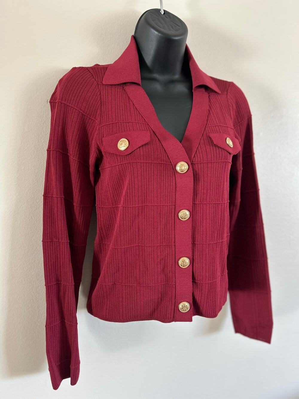 Maeve Anthropologie XXS Burgundy Gold Button Pocket Cardigan Sweater